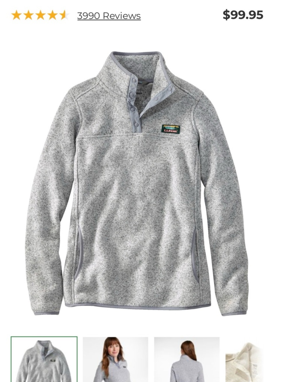 Womens L.L.Bean Sweater Fleece Pullover 1/4 Snap Pewter Heather Gray Large L Reg